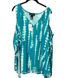 Ashley Stewart Cold Shoulder Tie Dye Top Plus Size 26/28‎ Turquoise Sleeveless